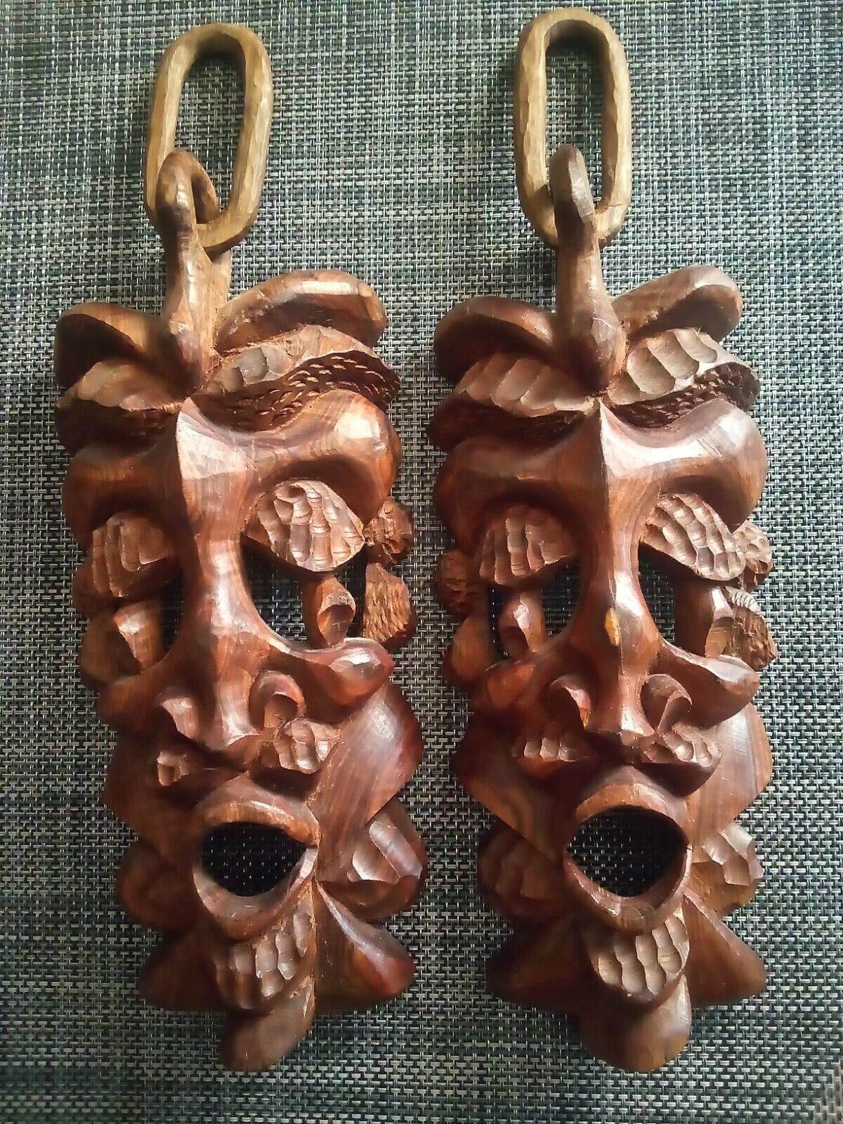 Vintage Hand Carved Pair Of Tribal Mask Tiki African Art