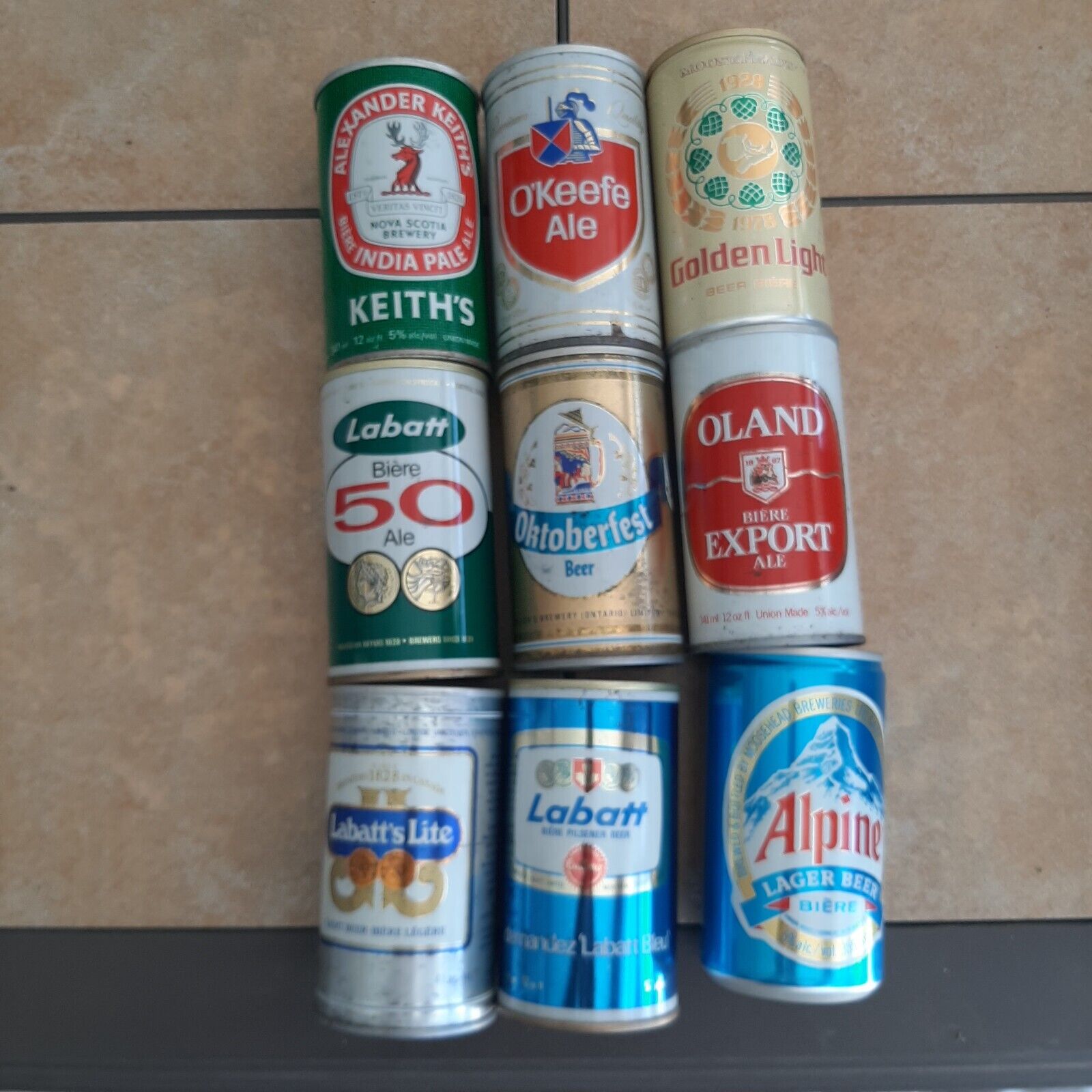  Lot Of 9 Canadian Empty Pull Tab Beer Cans,Labatt,O\'Keefe,Alpine,Olond
