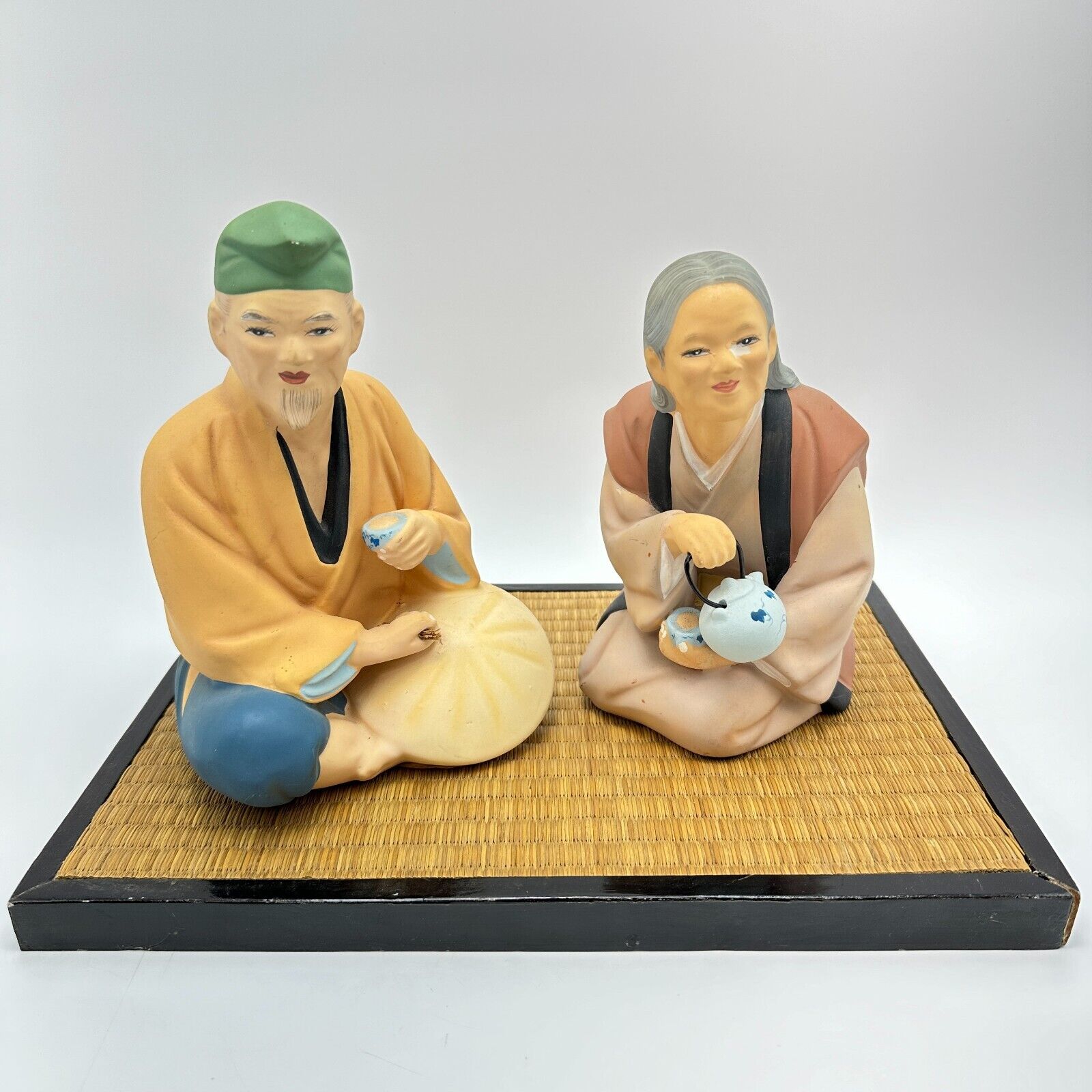 VTG Japanese Mimasu Hakata Porcelain Hat Maker Man & Tea Vendor Wife Wood Base