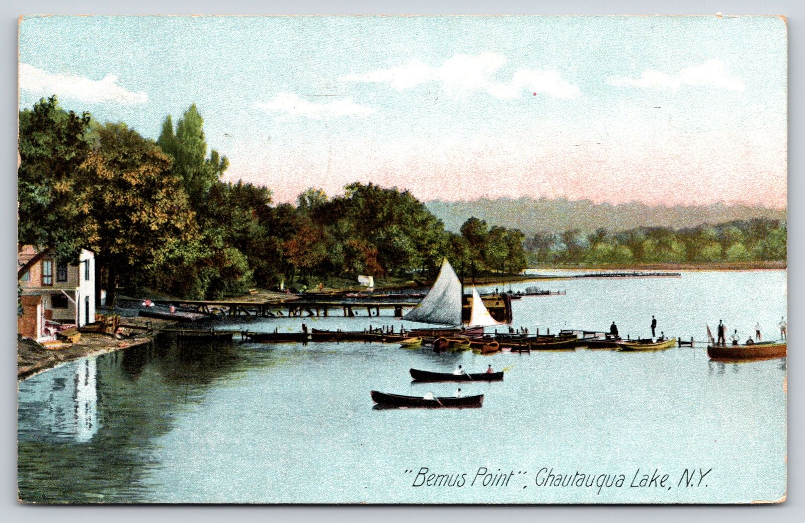 Chautauqua Lake New York~Bemus Point~Canoes & Sailboats~SH Knox PM 1907 Postcard
