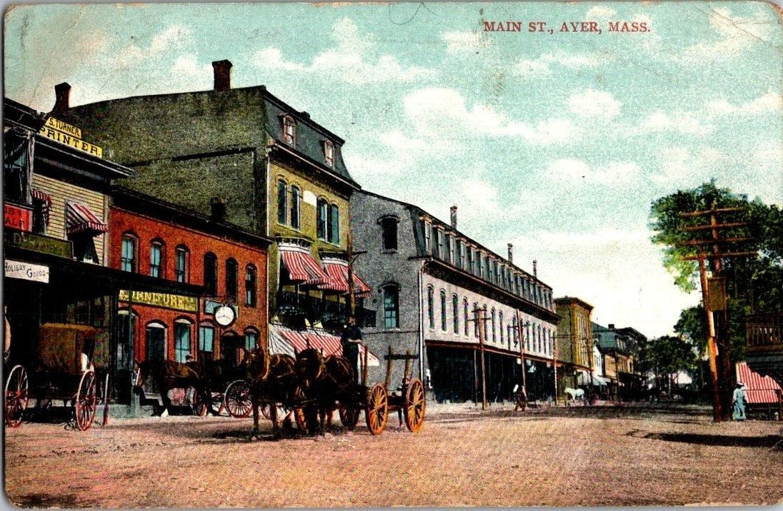1908. AYER, MASS. MAIN STREET, S. TURNER PRINTER SHOP. POSTCARD DD15
