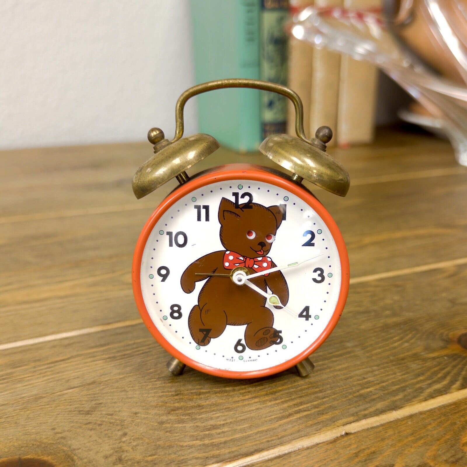 Vintage Teddy Bear Wind Up Metal Alarm Clock West Germany with Moving Eyes Red