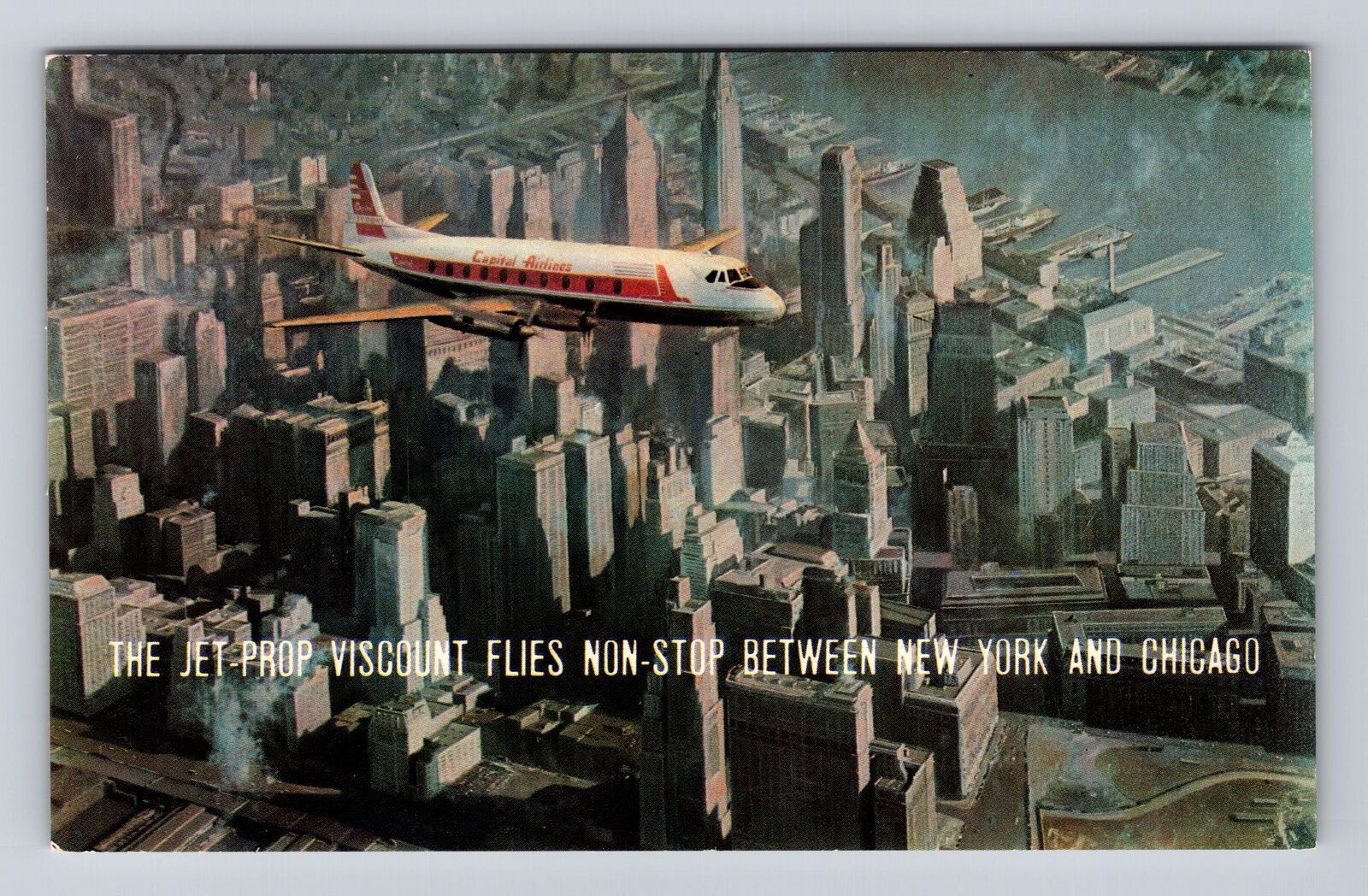 NY-New York, Aerial View Jet Prop Viscount Flies Non Stop, Vintage Postcard