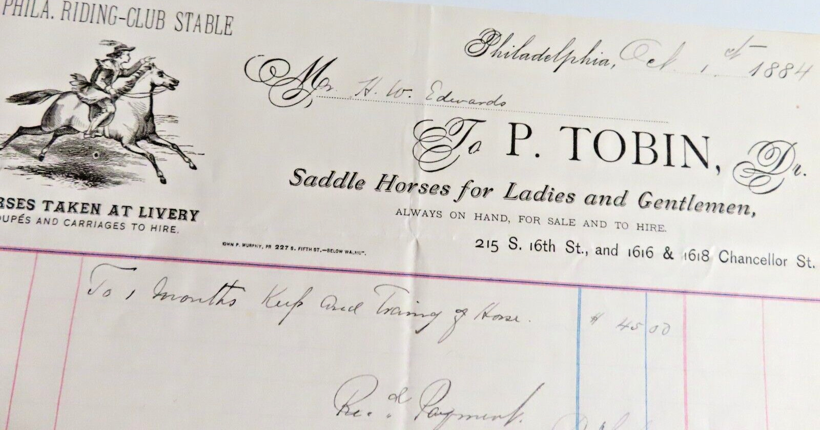 Vintage 1884 Bill Head/Receipt*P. Tobin SADDLE HORSES FOR LADIES & GENTS*Ph (J5)