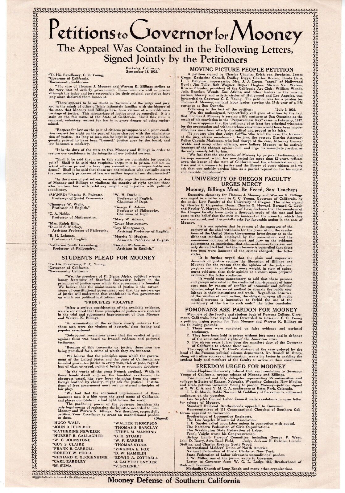 1929 Broadside Petition for California Governor Young to Free Tom Mooney