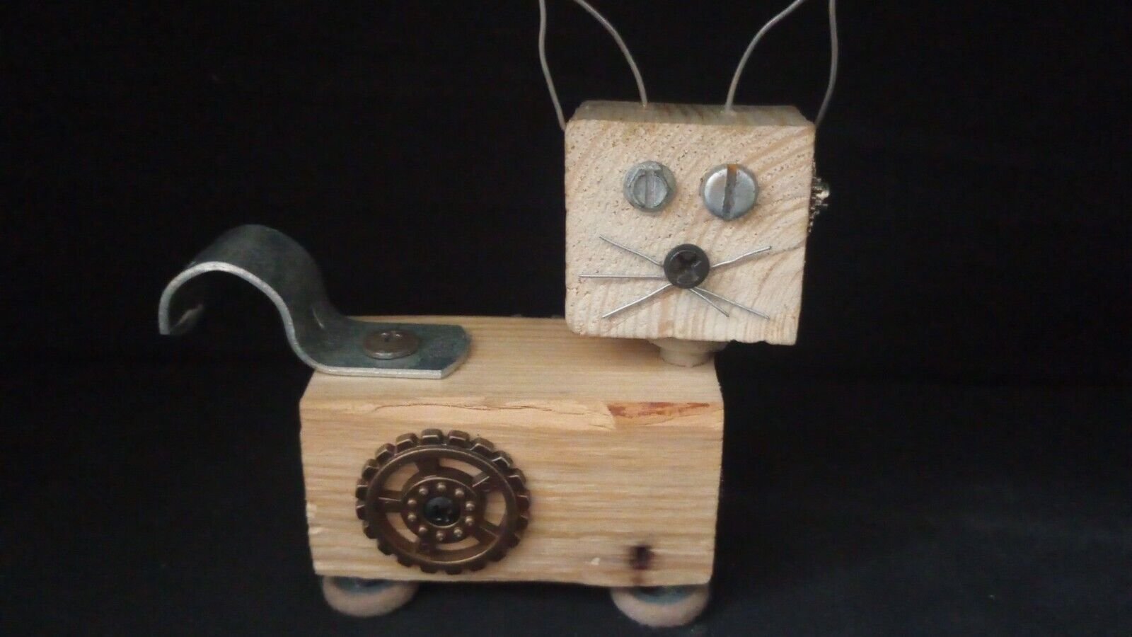 Handmade Wooden Steampunk Cat with Moveable Head, Screws, Nuts, Wire. Unique