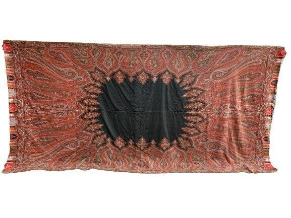 Antique Victorian 64x127 Large Woven Wool Paisley Shawl Throw 19thC