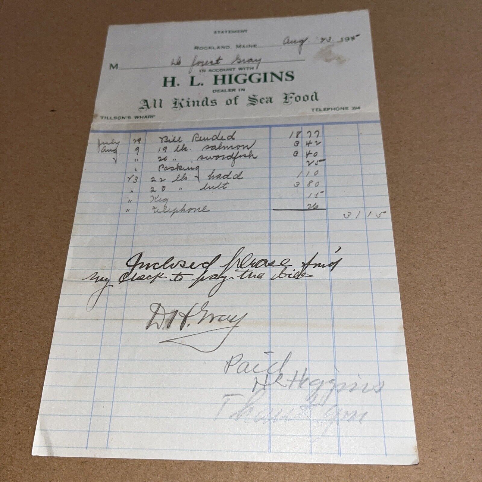 Antique Letterhead Invoice: HL Higgins Sea Food Seafood Rockland Maine ME Salmon