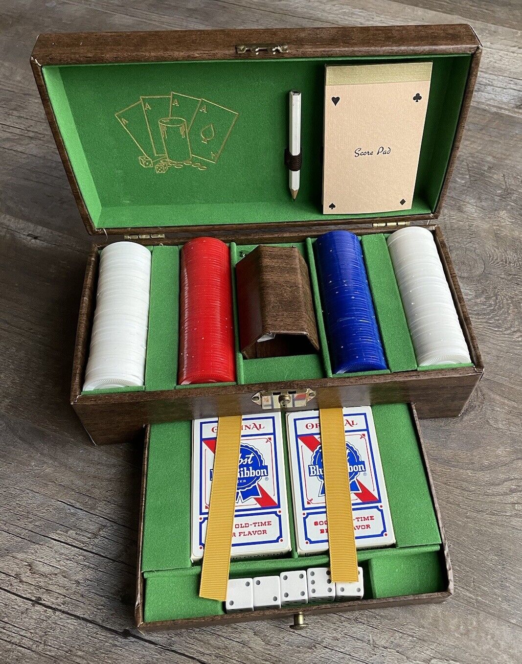 Unique Vintage 1978 Pabst Breweries Wood Chest Poker Chips Dice Card Set UNUSED
