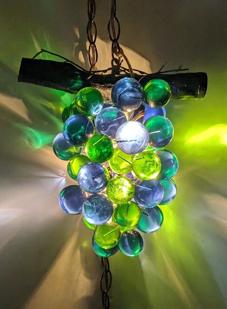 Illuminated Lucite Grape Cluster Hanging Light MCM Vtg 1960s Large Green/Blue 
