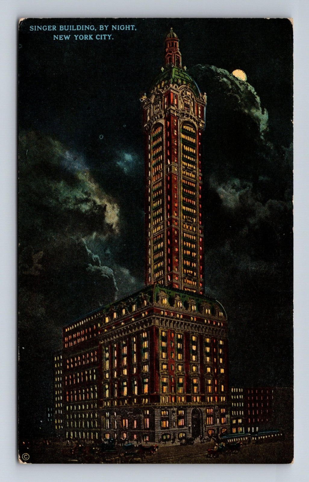 Singer Building by Night New York City NY Postcard