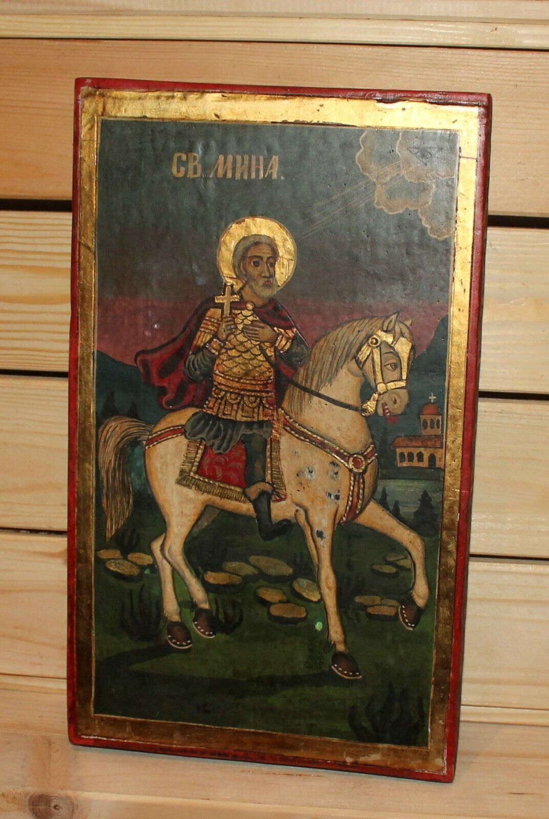 Vintage hand painted icon Saint Menas