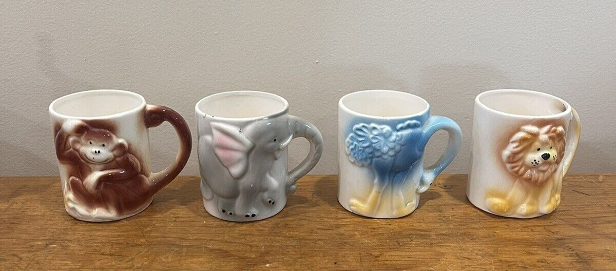 Vtg JSNY Animal Cups Ceramic Elephant Lion Ostrich Monkey Kids Mugs Set of 4