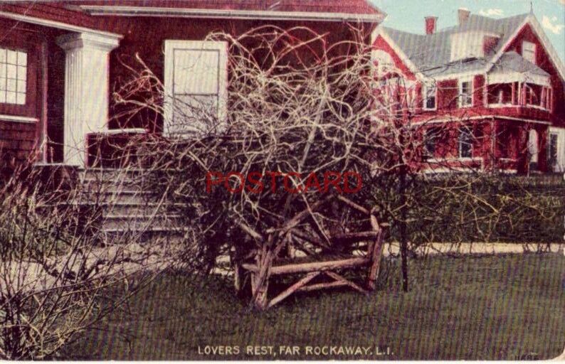 1911 LOVERS REST, FAR ROCKAWAY, L. I. bench under a gnarled bush