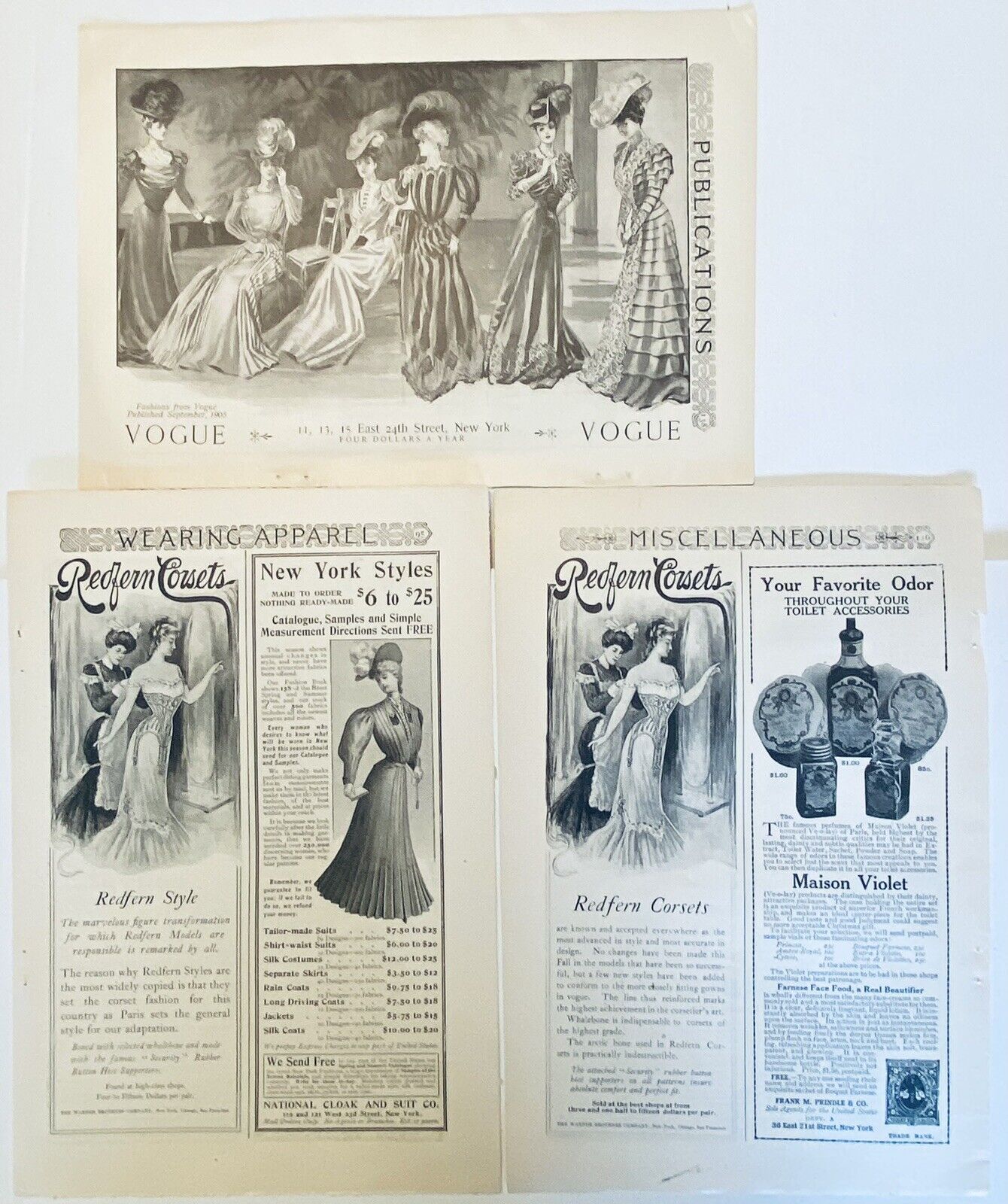 1905 Lot of 3 Vintage Printed Ad Women\'s Fashions Outfits Page 8x5\