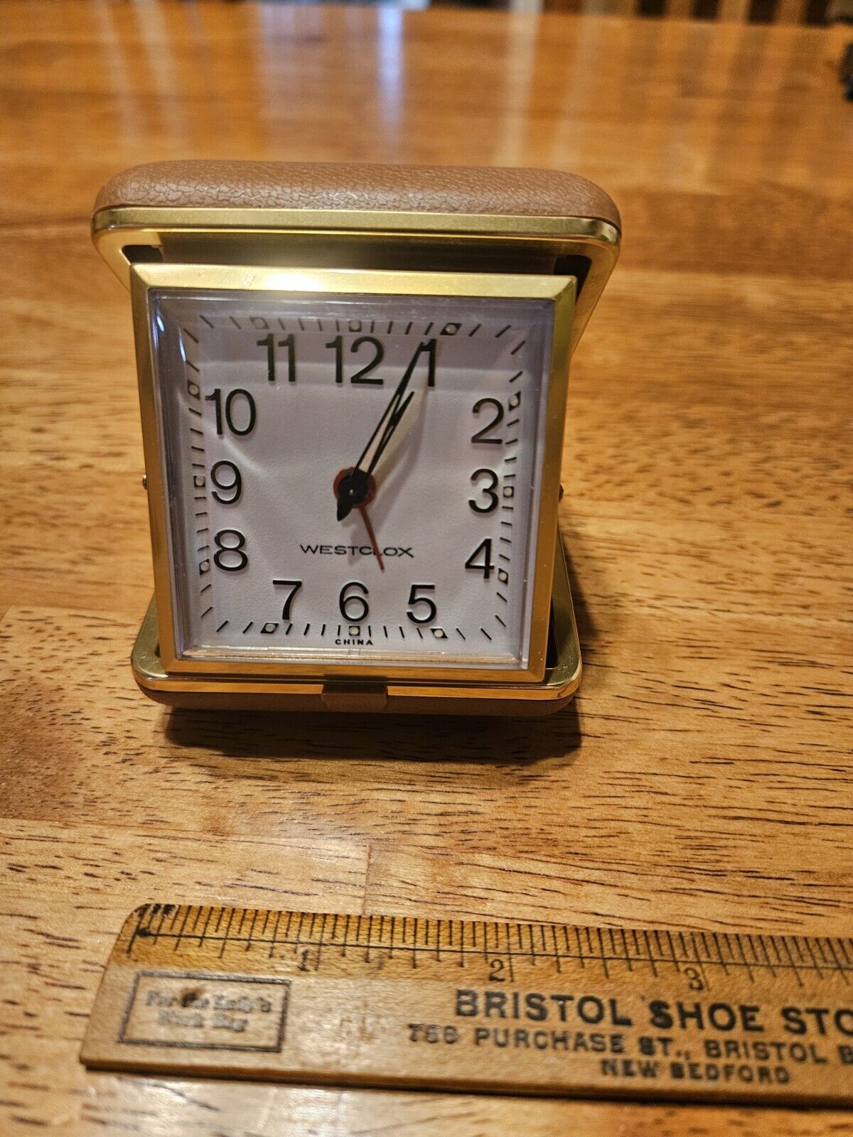 Vintage Westclox Travel Alarm Clock Wind Up Tan Folding Case (Works)