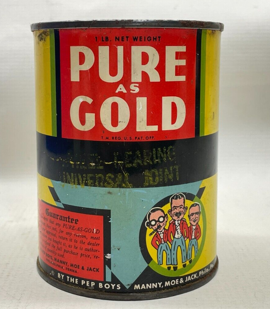 Vintage PEP BOYS 1933 PURE GOLD 1 lb Grease Tin Can