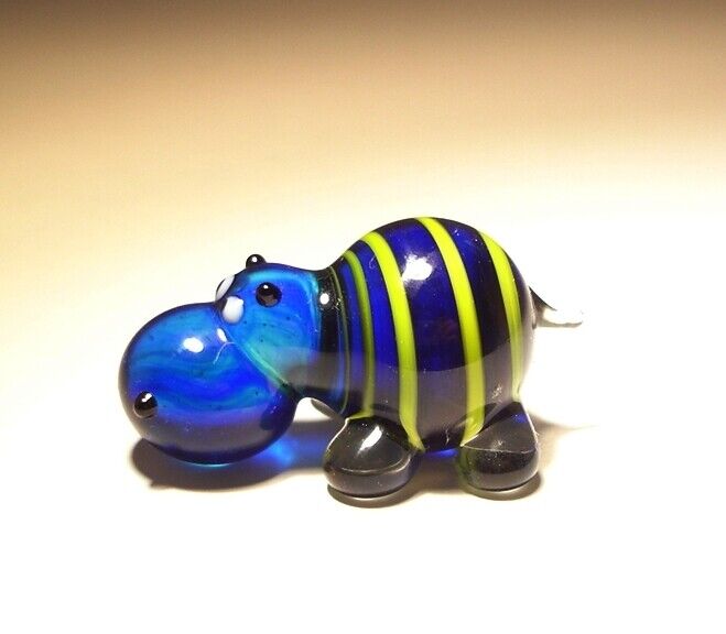 Blown Glass Art Animal Figurine Small Blue & Yellow Striped Hippopotamus HIPPO