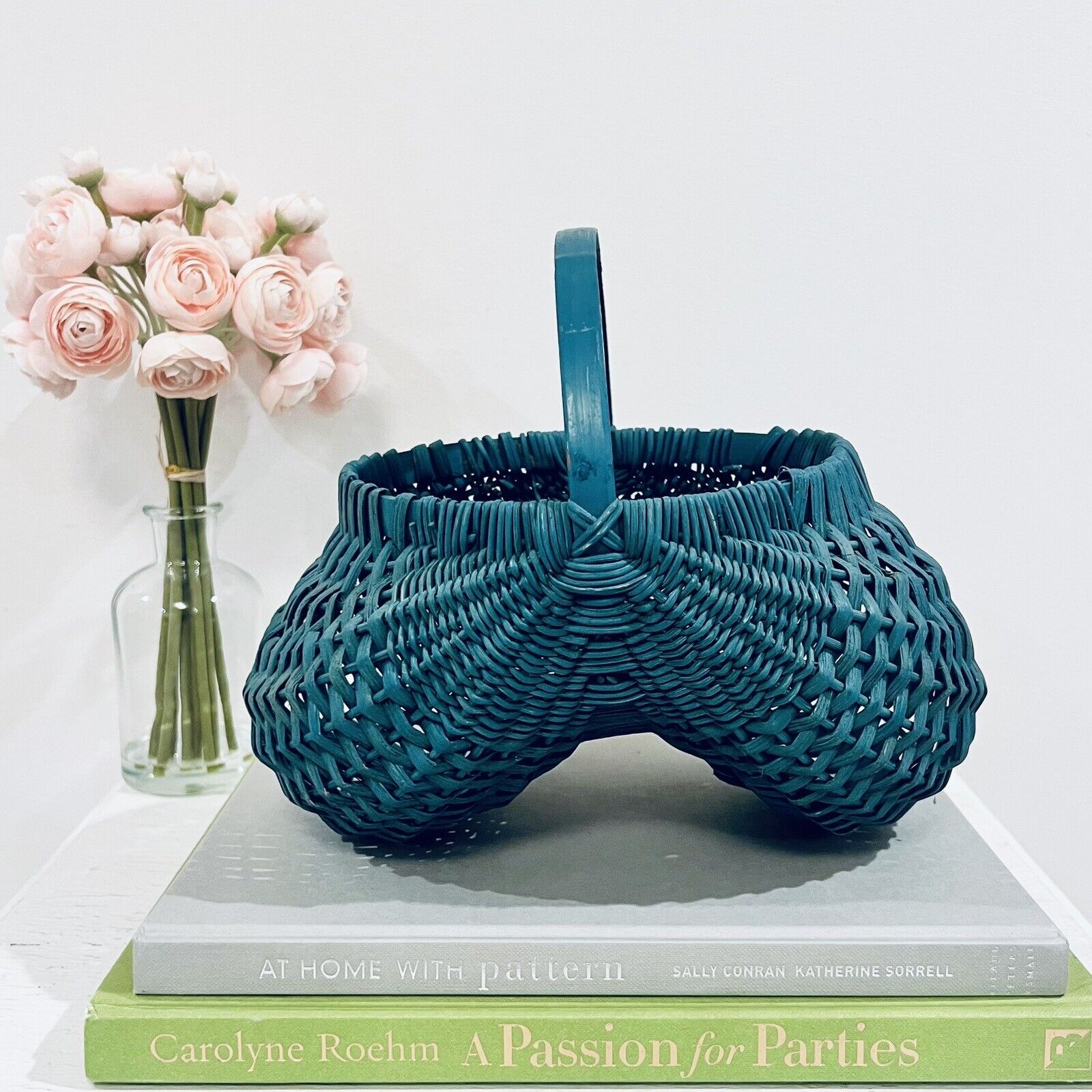 Vintage Buttock Basket Blue Green Teal Small Finely Made Primitive Country