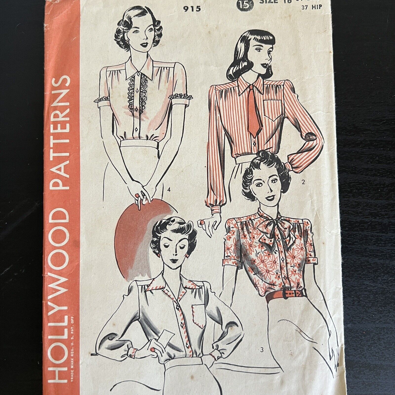 Vintage 1940s Hollywood 915 Bishop Sleeve Blouse Shirt Sewing Pattern 16 USED