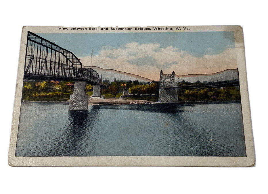 Vintage Post Card PC View Between Bridges Wheeling West Virginia Posted Scenic