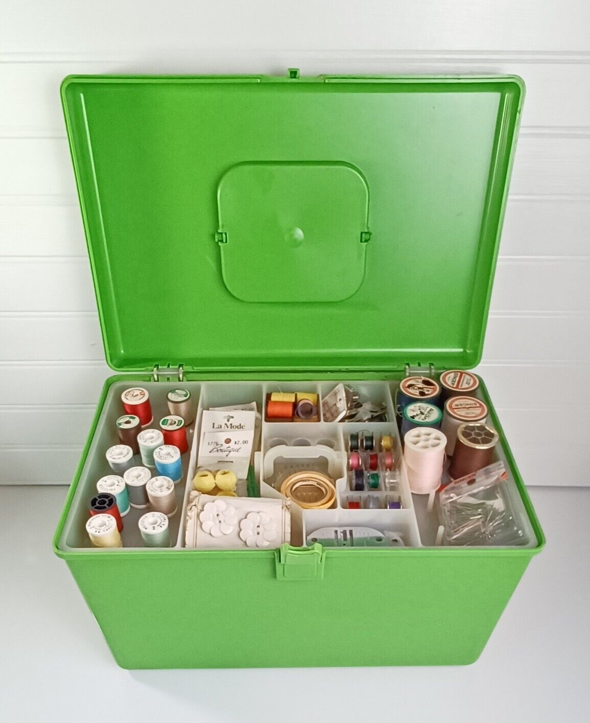 Vintage Wil-Hold Sewing Box Retro Spring Green, Filled with Misc. Sewing Notions