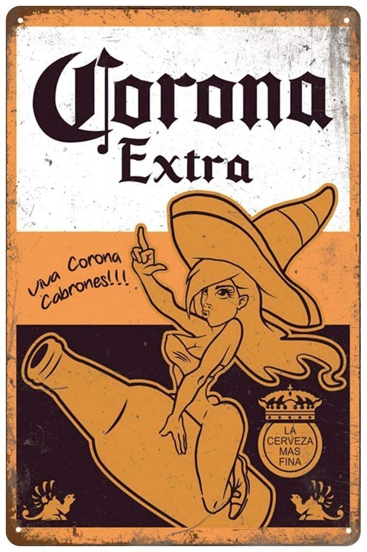 Corona Extra Beer Girl Bar Pub Happy Hour Rustic Retro Metal Sign 8 x 12 Inches