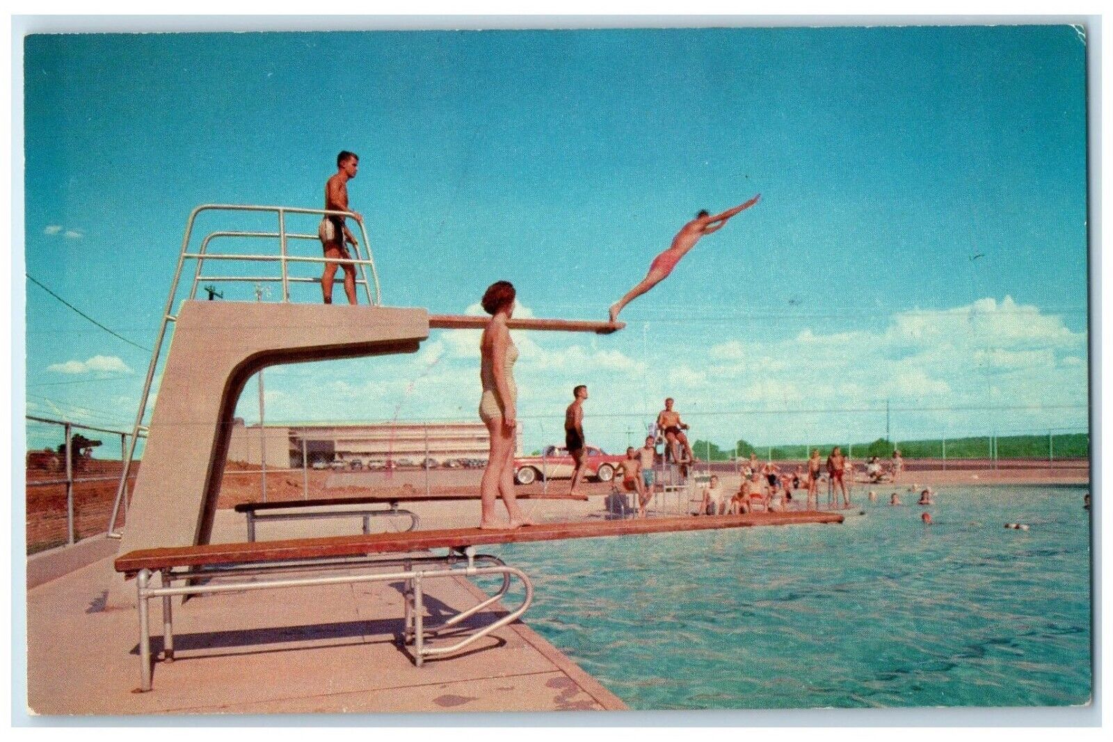 c1950's Swimming Pool Lake Texoma Lodge Durant Oklahoma OK, Man Diving Postcard