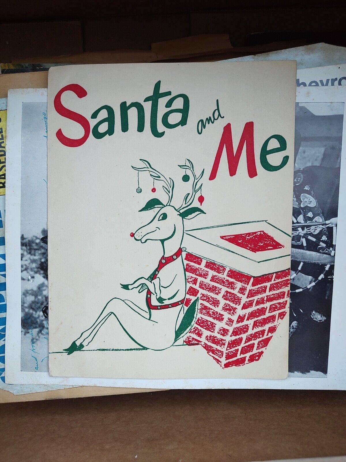 Santa And Me Christmas Photo Frame Holder Rudolph Reindeer Vintage Bold Color