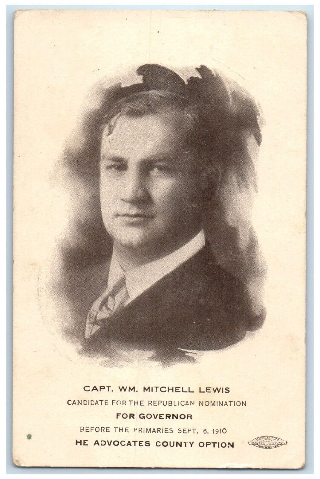 c1910's Capt. WM Mitchell Lewis For Governor Political Advertising Postcard