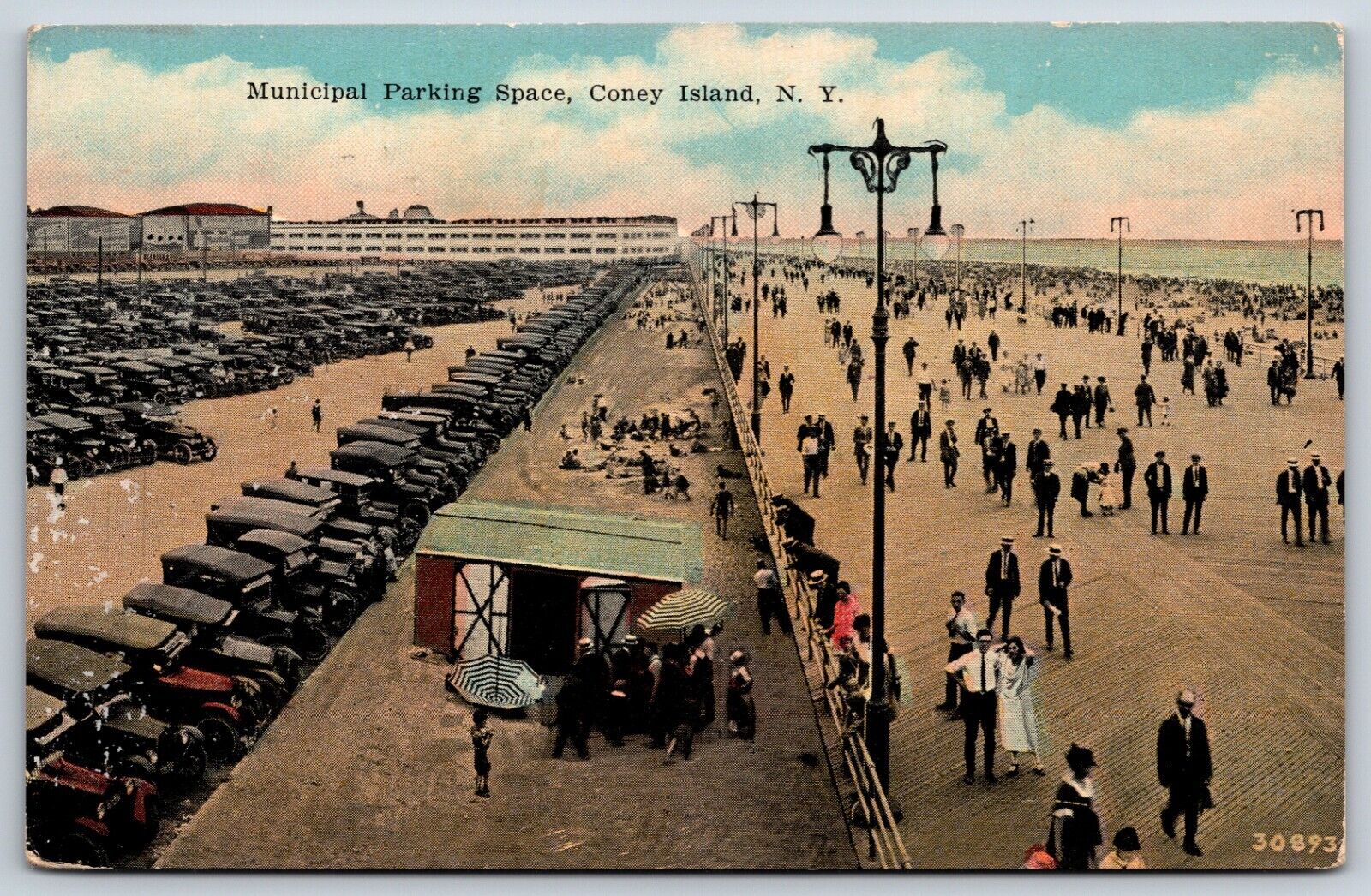 Postcard Municipal Parking Space, People, Cars, Coney Island, New York Unposted