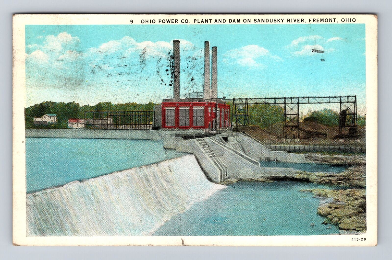 Fremont OH-Ohio Power Company & Dam, Sandusky River, Vintage c1948 Postcard