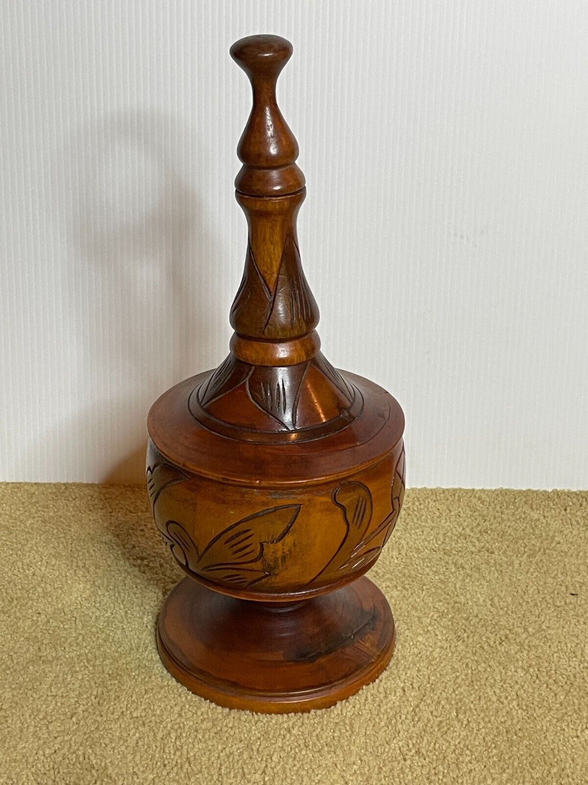 Vintage MCM Wooden Hand Carved Decanter Urn Lidded Bowl Hawaiian Apothecary Jar