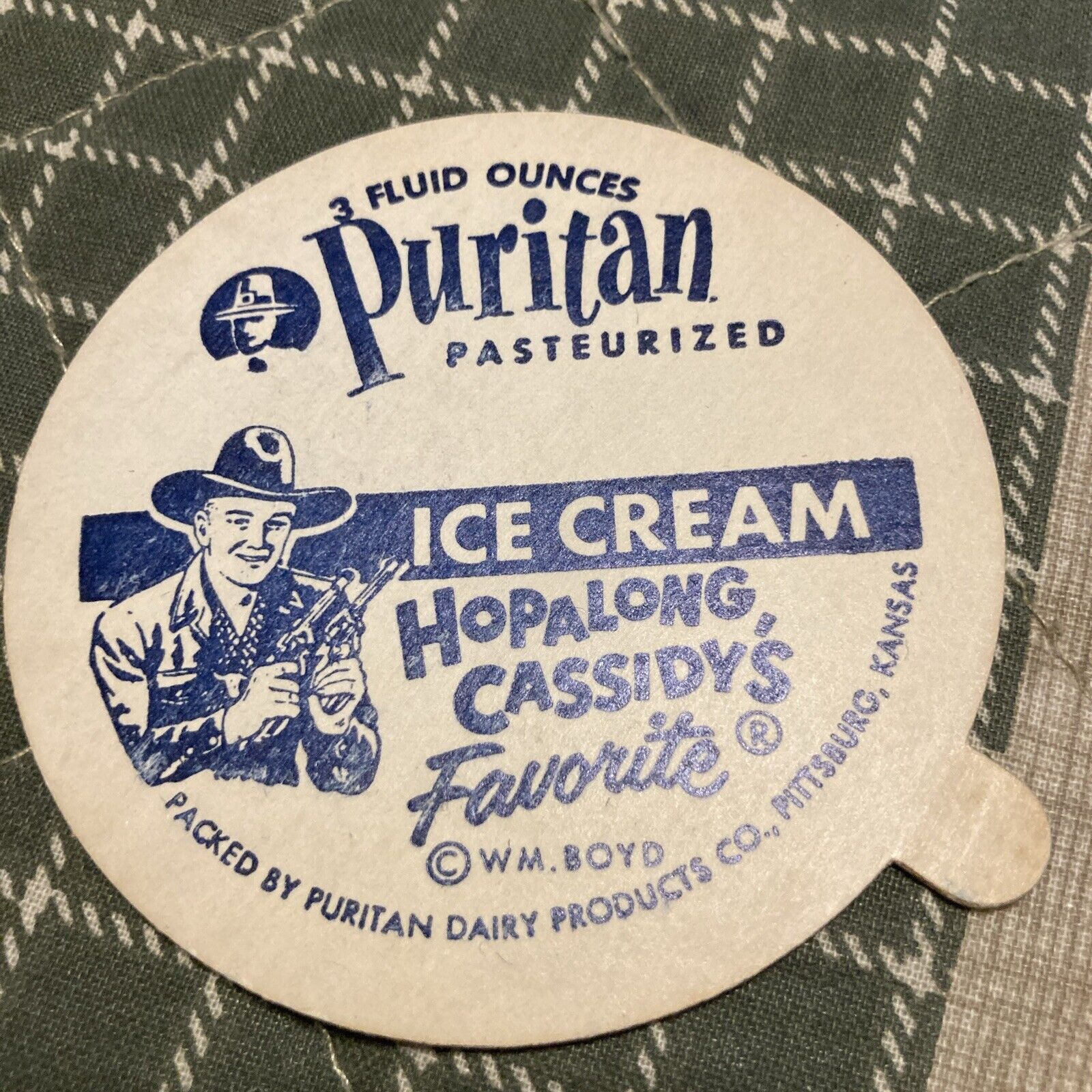 Vintage Hopalong Cassidy’s Ice Cream Top Puritan Kansas 2 3/4” 3oz Lid