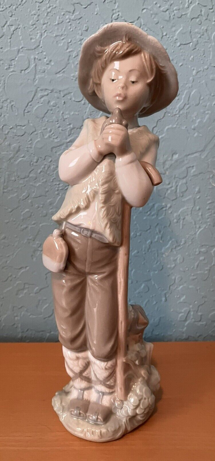 NAO by Lladro ~Porcelain Young Shepherd Holding Bird w/ Walking Stick. Glossy