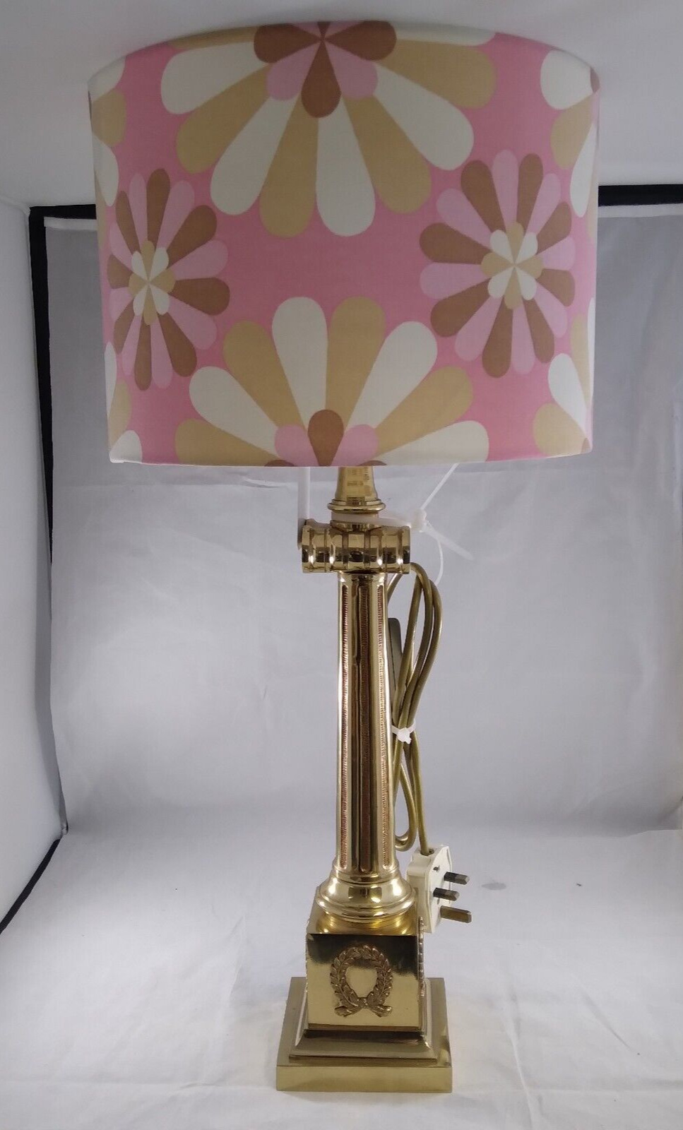 Antique English Brass Corinthian Table Lamp With Laura Ashley Shade