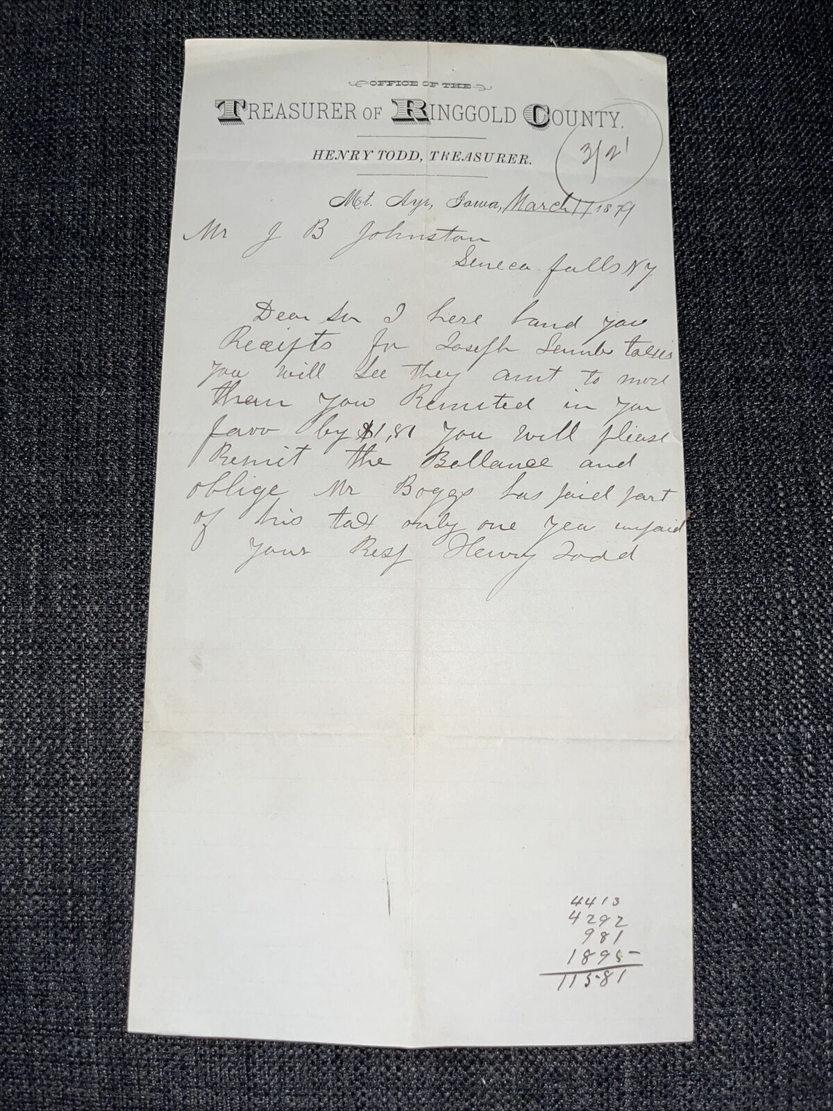 Antique 1879 Signed Letter: Ringgold County Iowa Treasurer Letterhead Mt Ayr IA