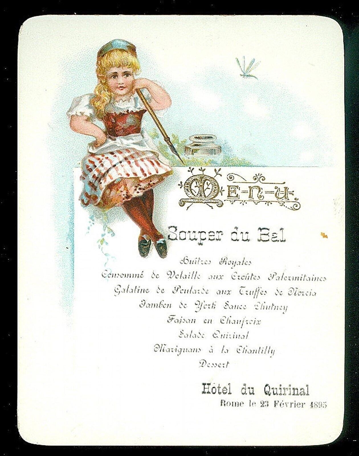 Fine Chromolithograph Embossed Dinner Dance Menu, Hotel du Quirinal, Rome 1895