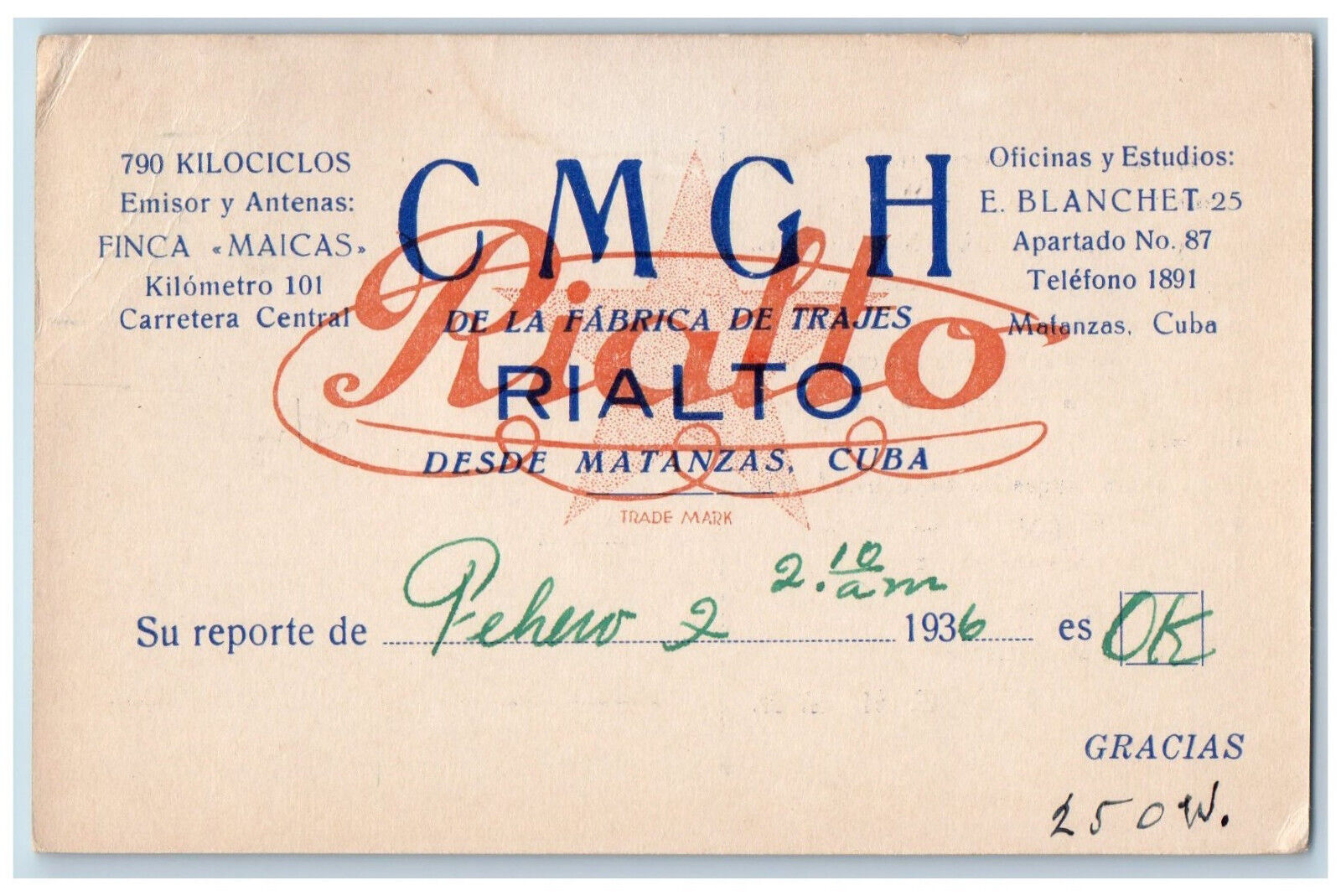 Desde Matanzas Postal Card CMCH From the Suit Factory 1936 Posted Vintage