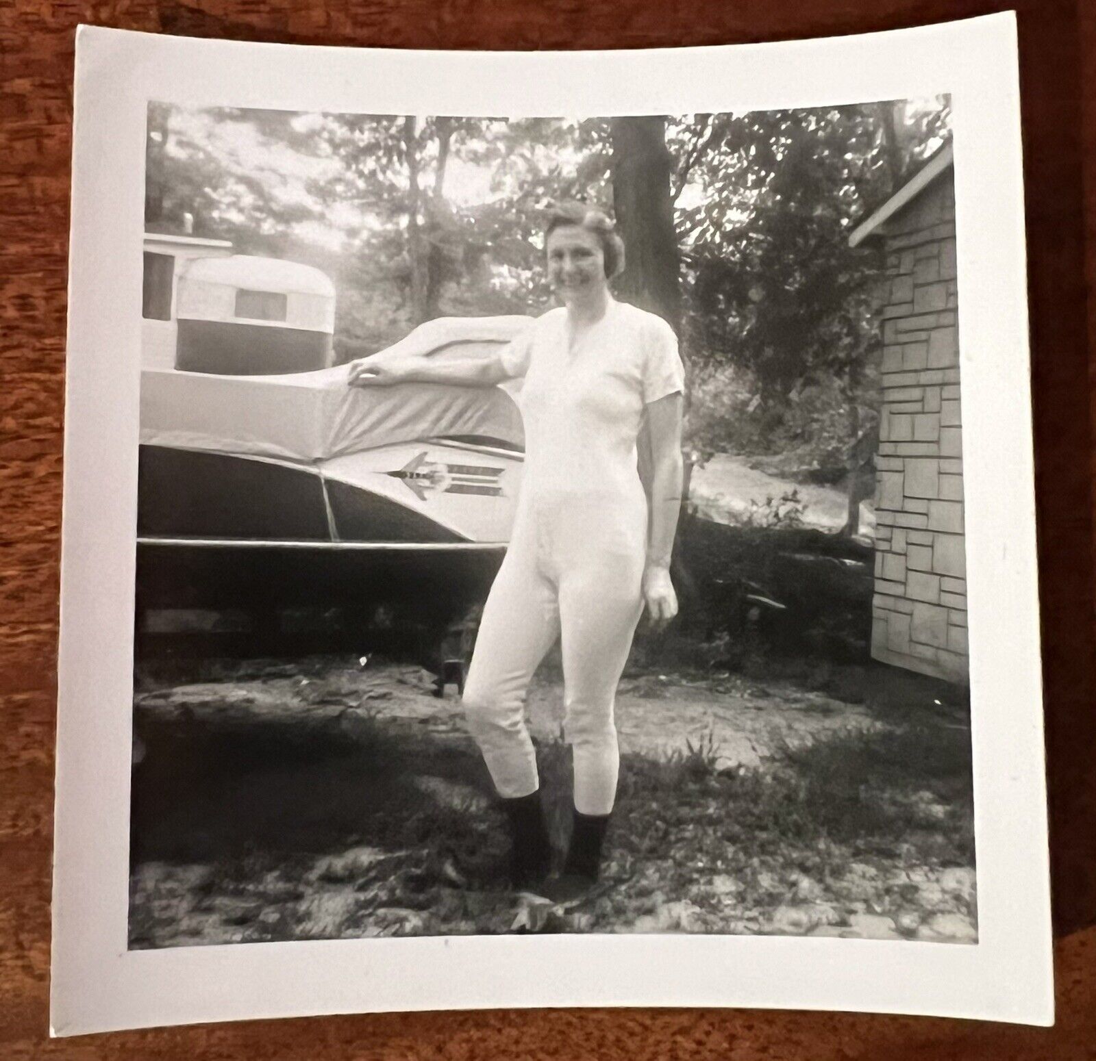 VTG 1950s Found Photo Pretty Woman Camping Poses Long John Underwear Boat Camper
