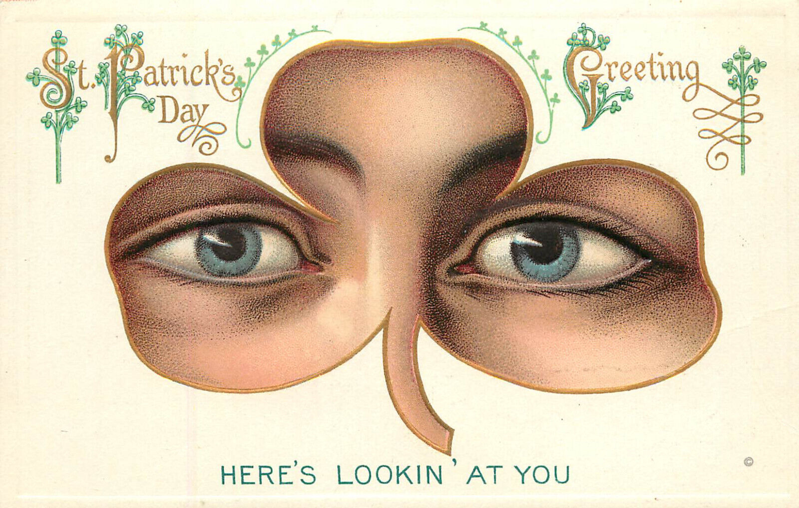 Embossed St. Patrick\'s Day Postcard Eyes In Shamrock Heres Looking At You 741