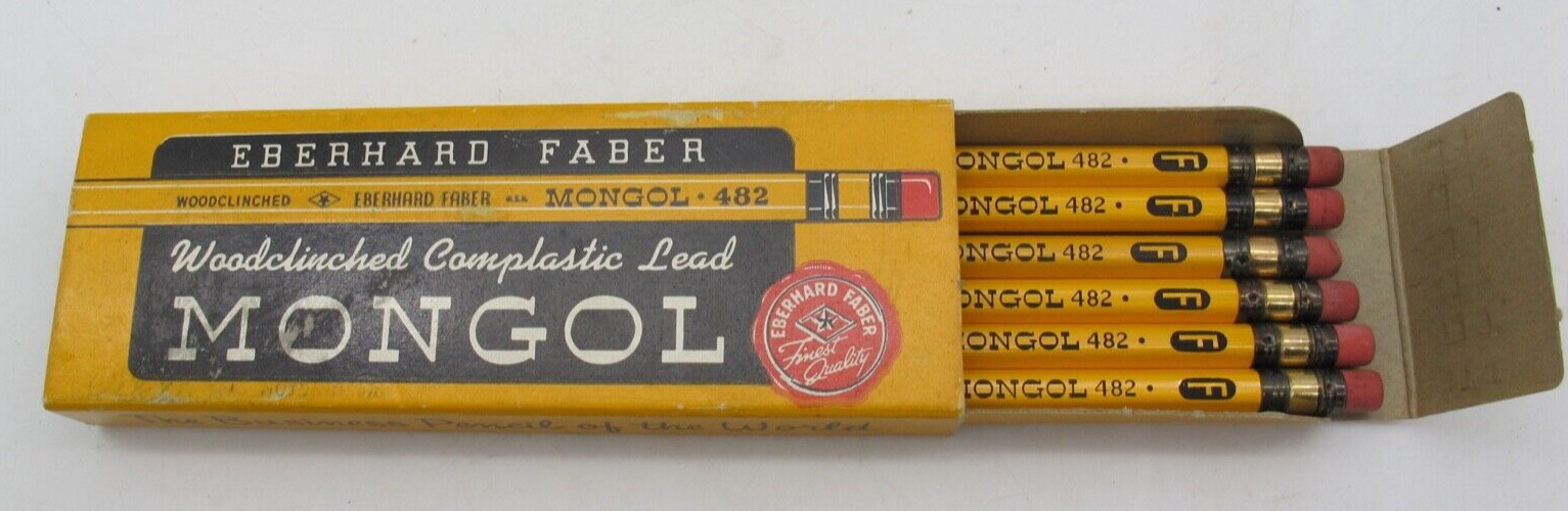 6 Vtg Eberhard Faber Mongol 482 F Woodclinched Pencils in Original Sliding Box