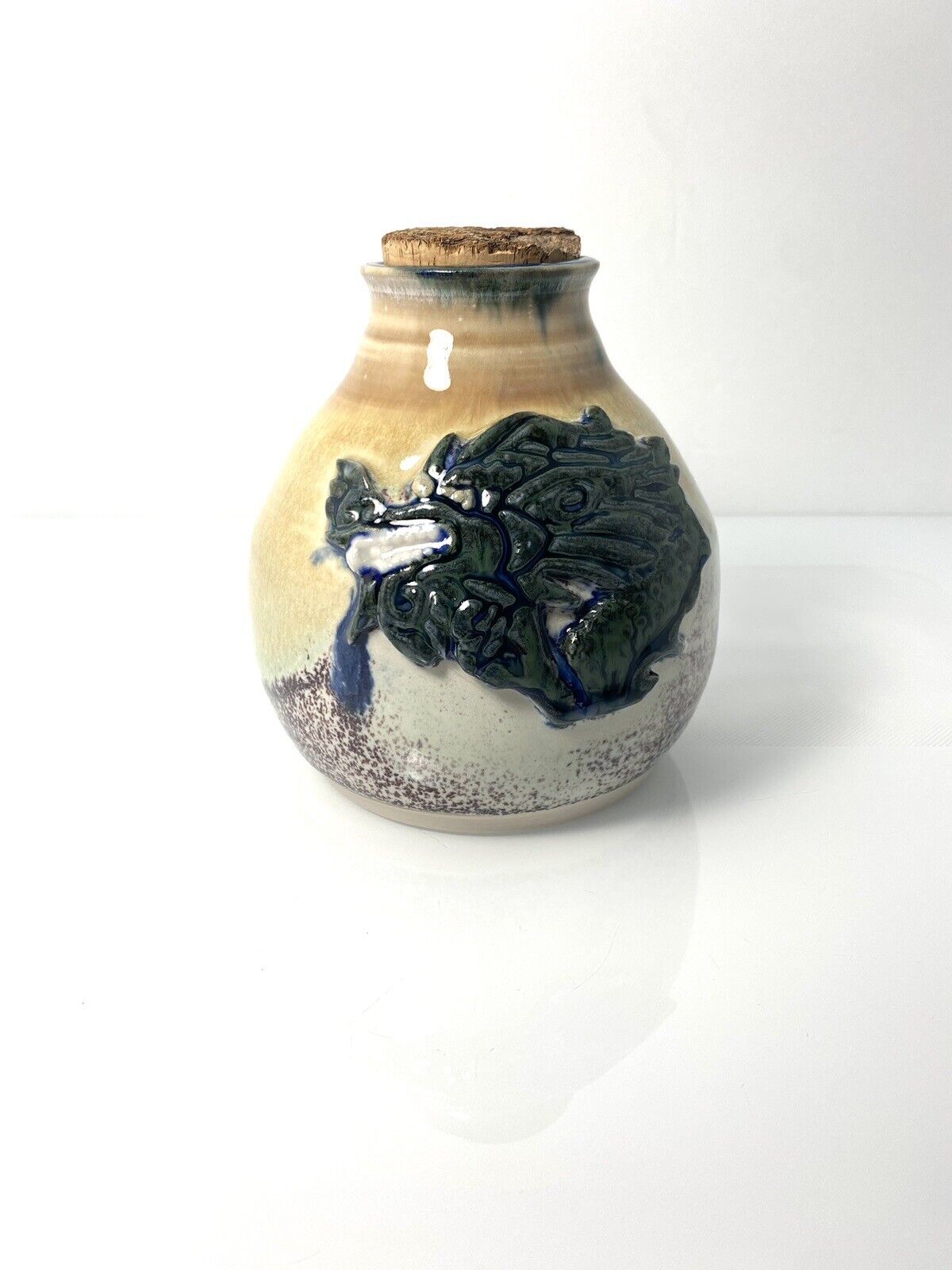 Vintage Japanese Folk Art Pottery Jug with Handle Cork Hand Painted Dragon Head