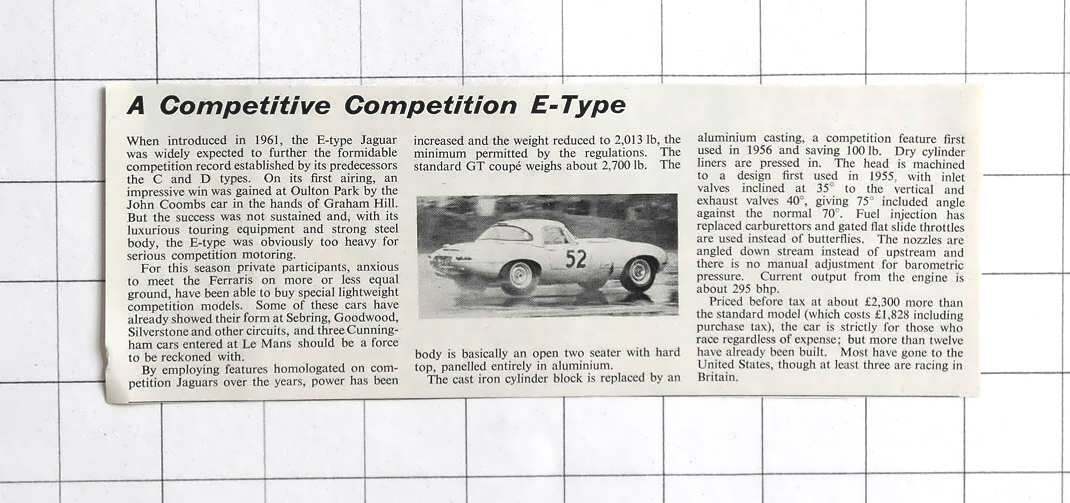 1963 New Competitive Competition E-Type Jaguar, First Outing Wins At Oulton Park