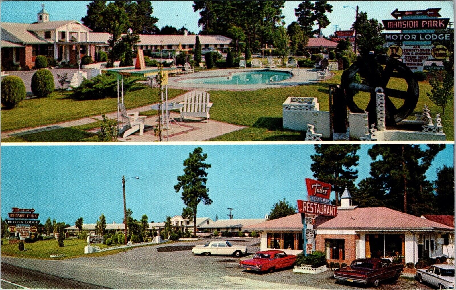 1965 Mansion Motor Lodge Motel Santee S. C. Pool Diner Chrome VTG Postcard 