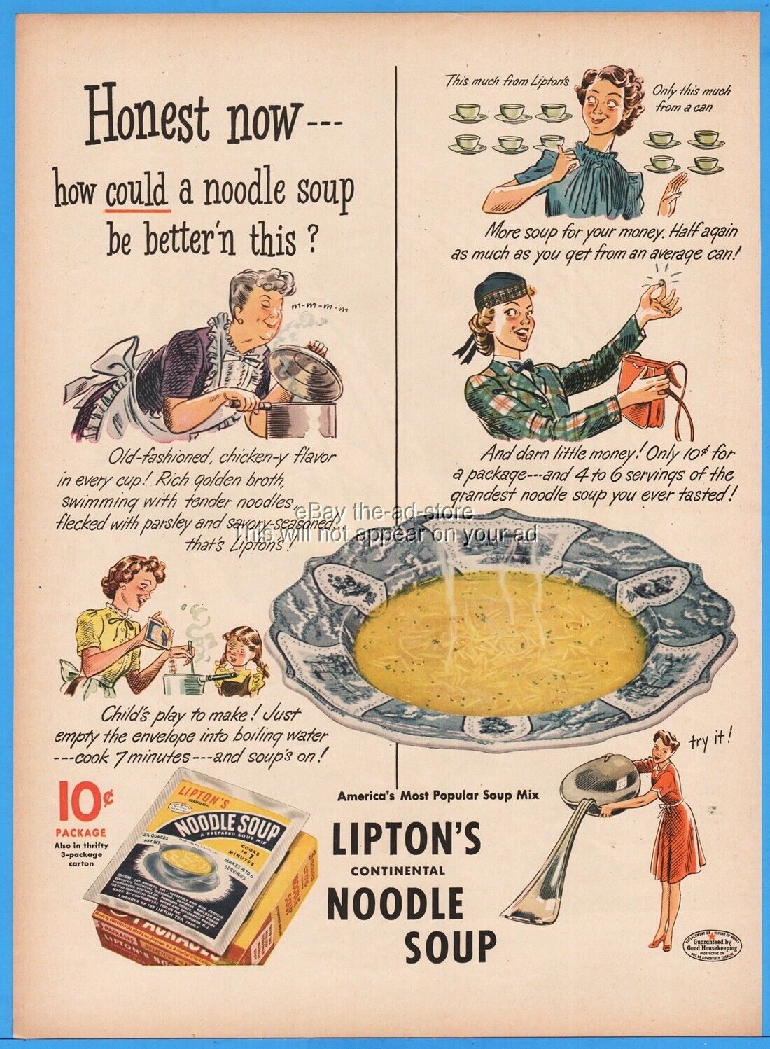 1944 Lipton\'s Noodle Soup America\'s Most Popular Soup Mix 1940s Kitchen Decor Ad