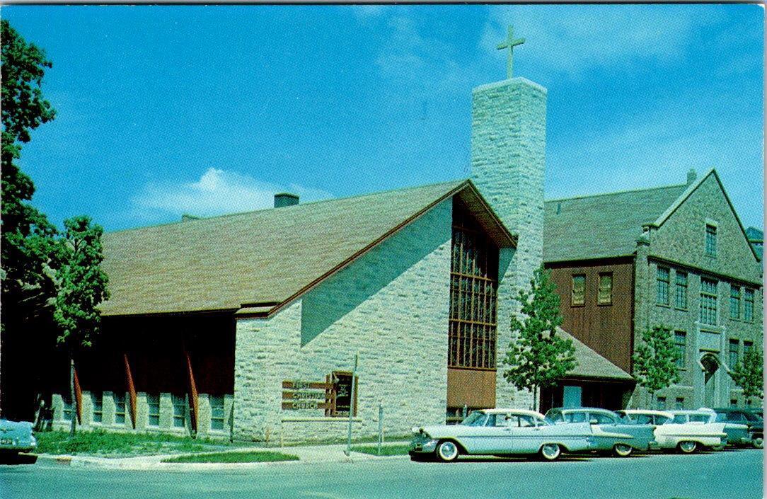 Mattoon IL Illinois FIRST CHRISTIAN CHURCH 50\'s Cars RELIGION Coles Co Postcard