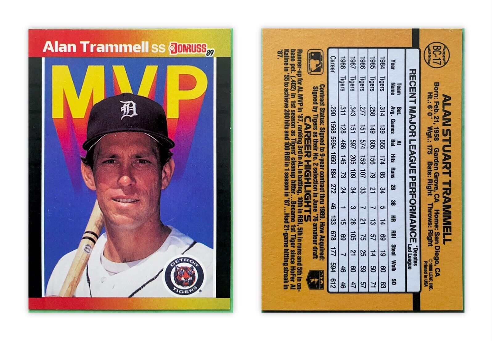 baseball card - Donruss 89 - Alan Trammel #BC-17 MVP card
