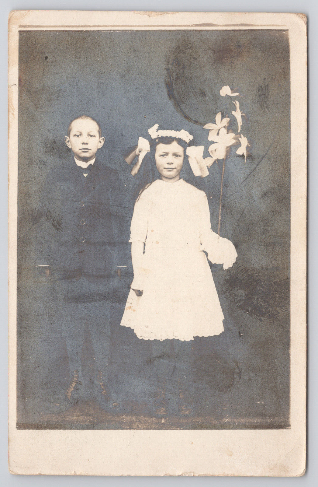 RPPC Real Photo Postcard Boy and Girl at Church Flowers 1918 Germany ?