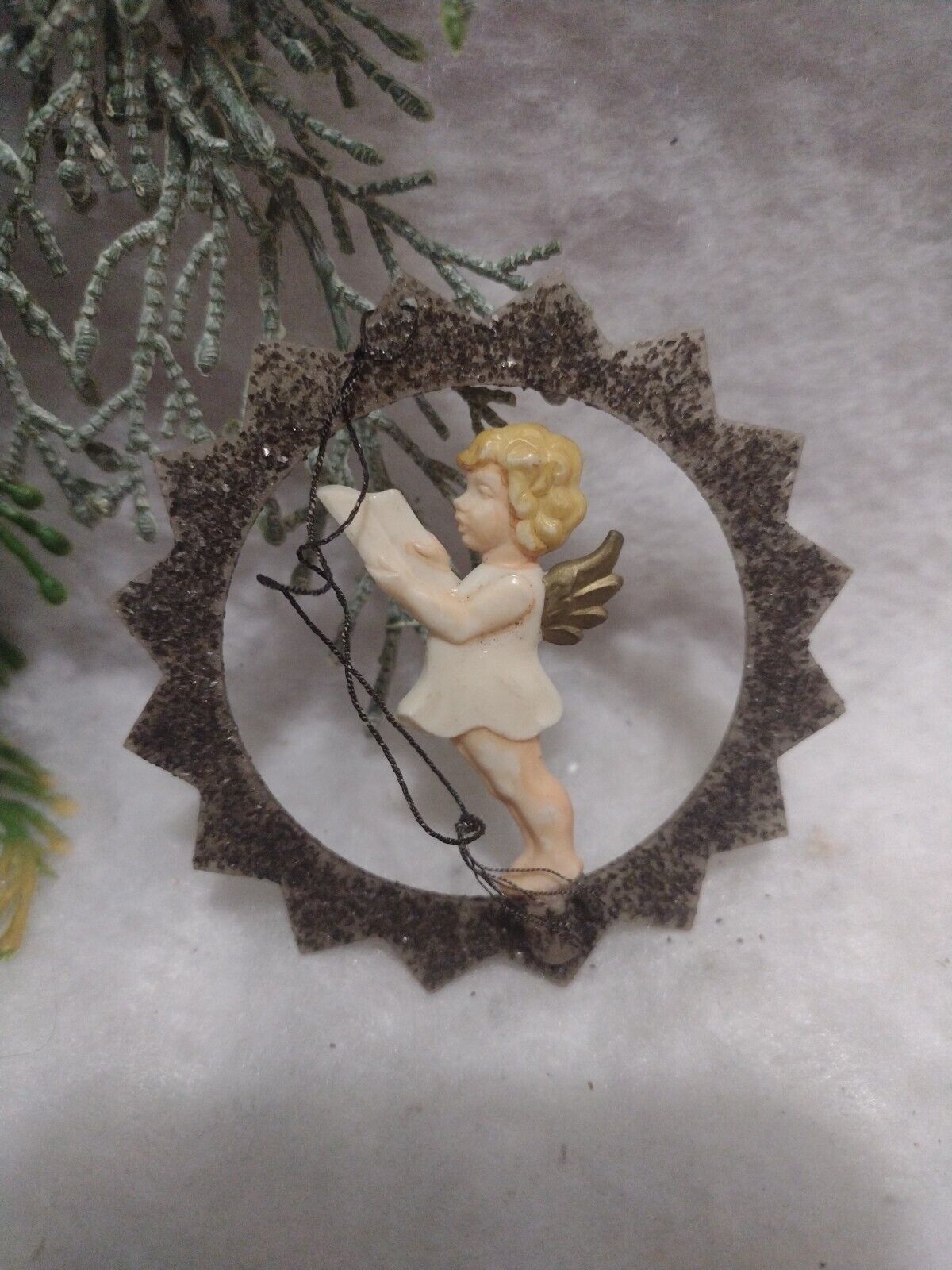 Vtg Celluloid Plastic Angel Christmas Tree Round Ornament Mica Glitter Germany 